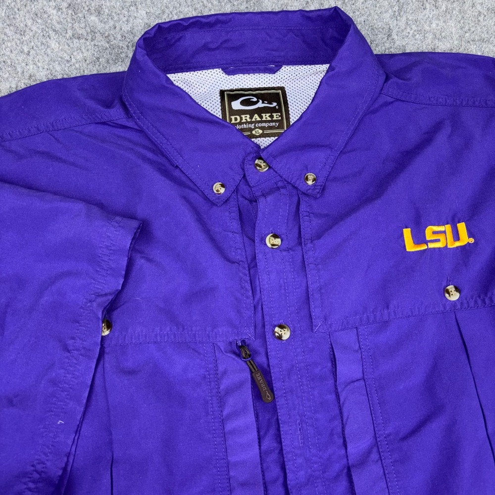 Drake LSU Tigers Fishing Shirt Mens XL Purple Short Sleeve Button Down Outdoors